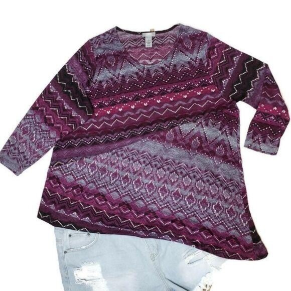 Catherine's Women's Purple Chevron Print 3/4 Sleeve assymetrical Tunic Top 2x 22 - Picture 1 of 3